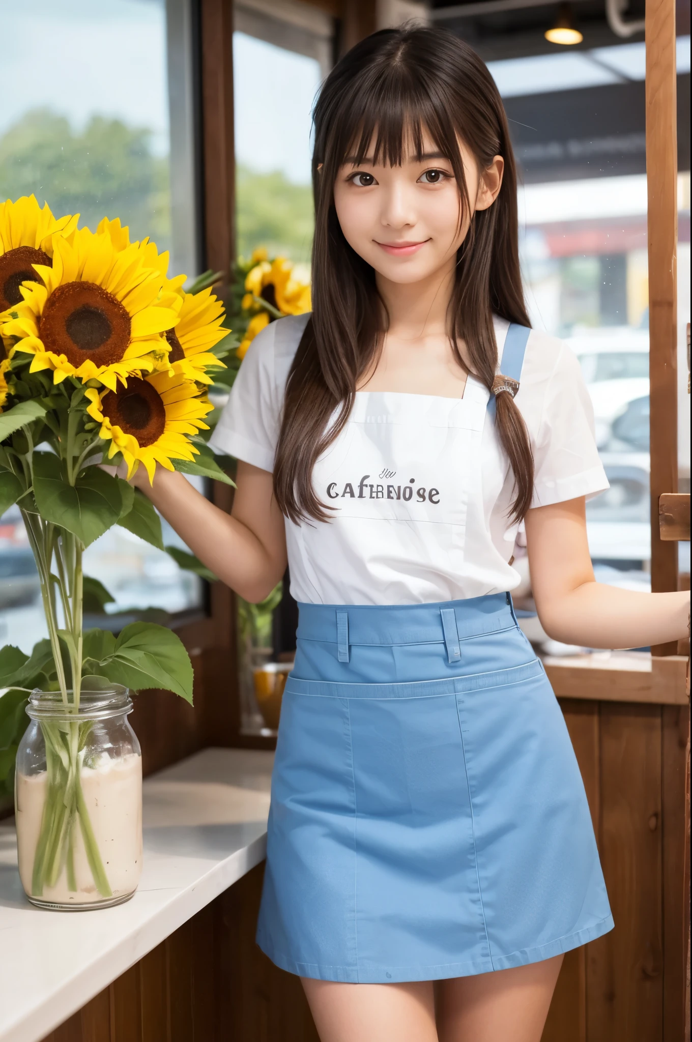 20 years old girl (Japanese cute face) is wearing mini skirt and white apron and working at the cafe with sunflowers