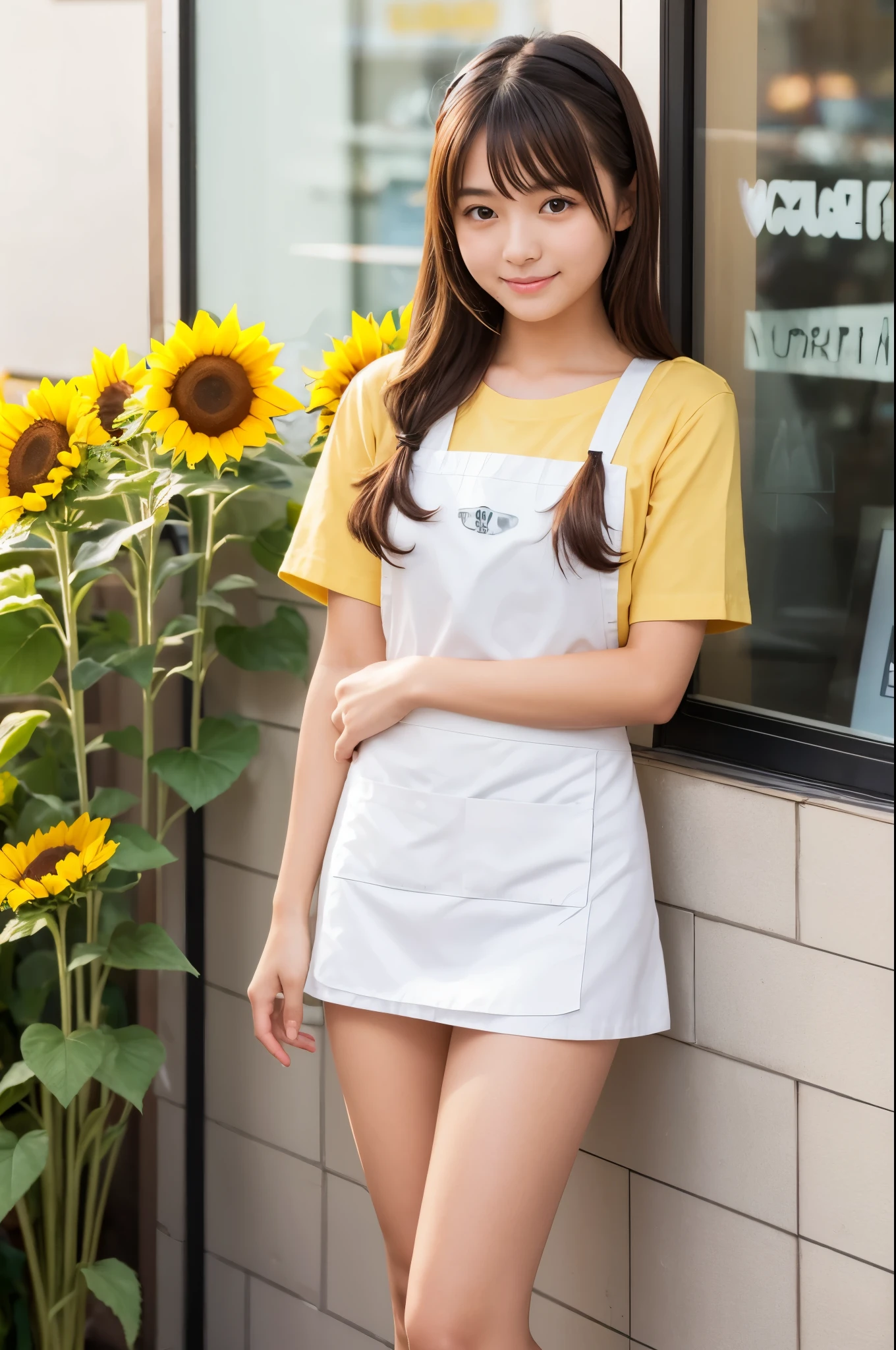 20 years old girl (Japanese cute face) is wearing mini skirt and white apron and working at the cafe with sunflowers