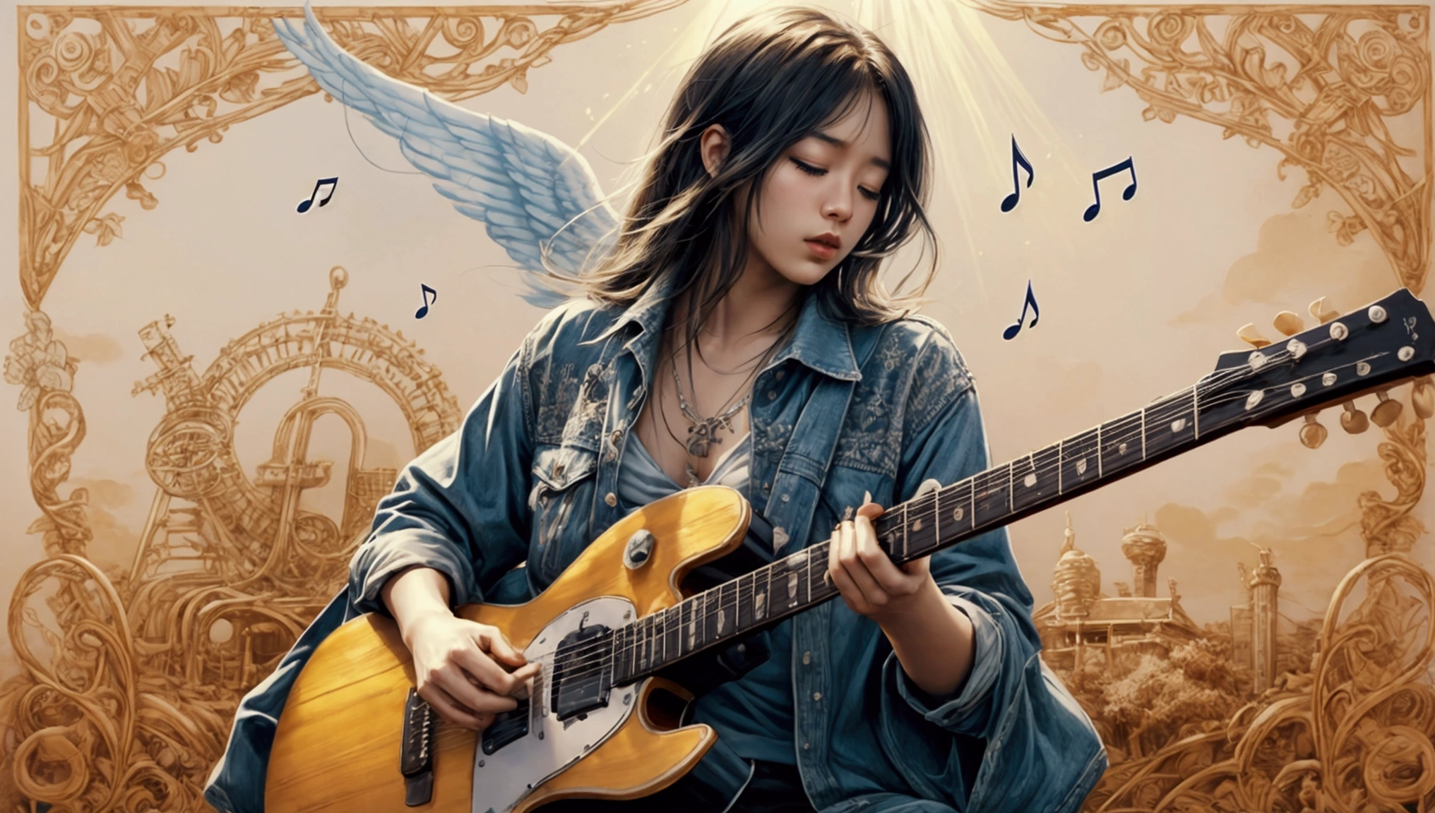 Draw a music festival poster,Playing blues guitar,Musical note elements