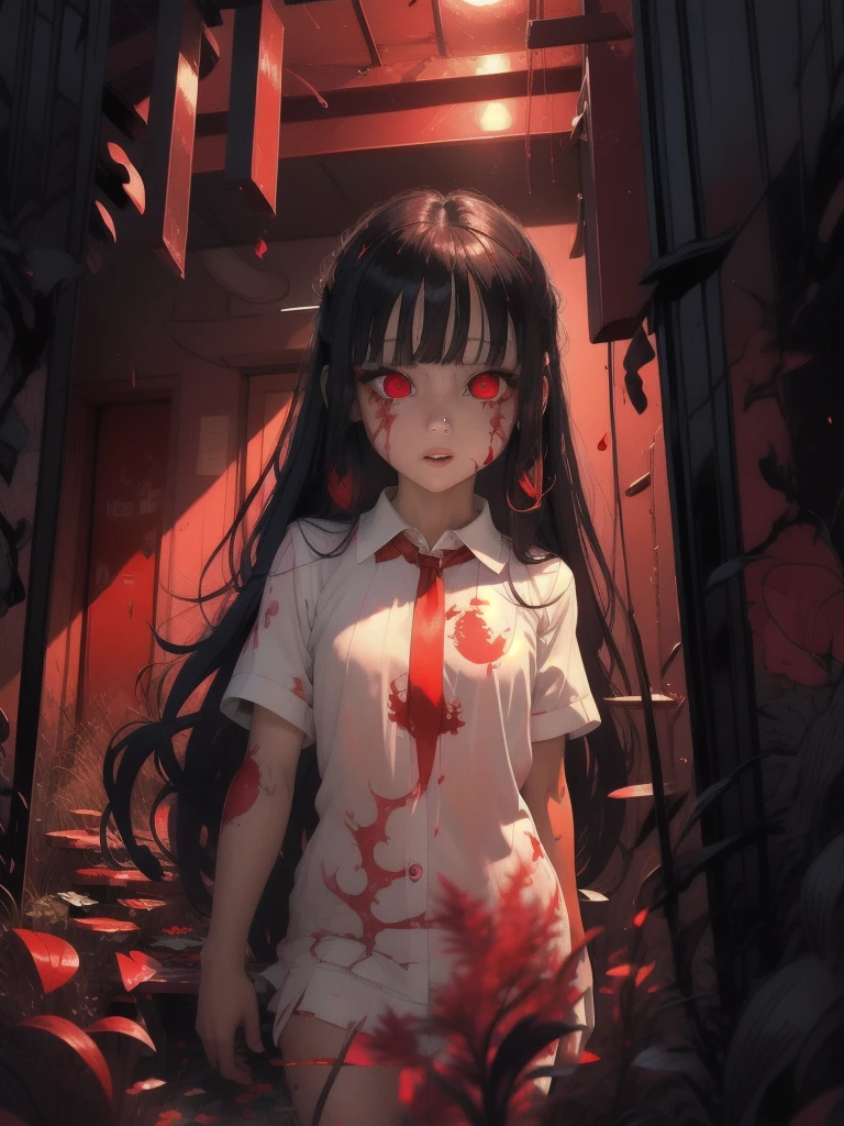 anime girl with Red eyes and blood dripping down her face, with red glowing eyes, with glowing Red eyes, with Red eyes, red-eyed, red-eyed, fully Red eyes, Red eyes, sharp Red eyes, Red eyes glowing, Red eyes, red glowing eyes, with a Red eyes, watery Red eyes, Red eyes, glowing Red eyes