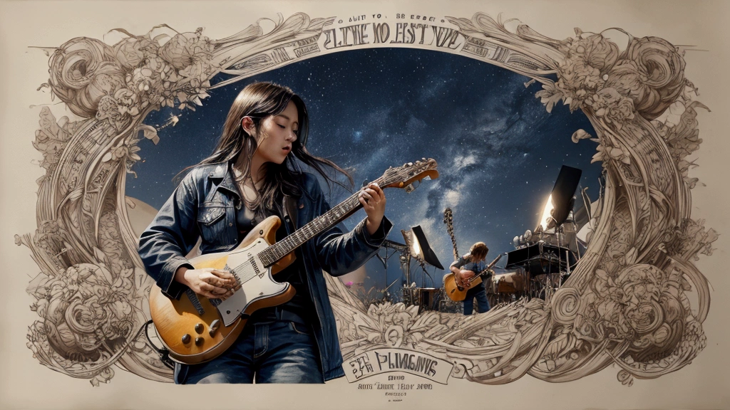 Draw a music festival poster,Playing blues guitar,Musical note elements