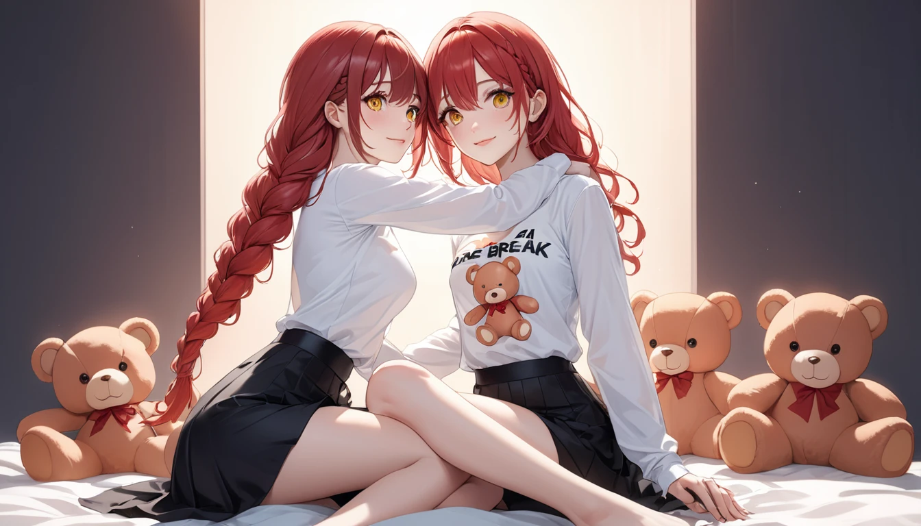 hand, hand, long hair, รอยsmile, smooth, small breasts, (yellow eyes:1.2), braid, red hair, braided ponytail, big eyes,นั่วHug a teddy bear,sexy,full body,Sitting position,Hug a teddy bear,smile,flirt,grave background,ผี
Take a break shirt, long sleeve, white shirt, dress shirt, skirt, black skirt, It&#39;s official., suit, black nightie, lady,
Take a break (Masterpiece:1.2), best quality, high resolution, Harmony wallpaper 8K, (illustration:0.8), (Beautifully detailed eyes:1.6), Very detailed face, perfect lighting, The CG is very detailed., (handที่สมบูรณ์แบบ, perfect anatomy), 
