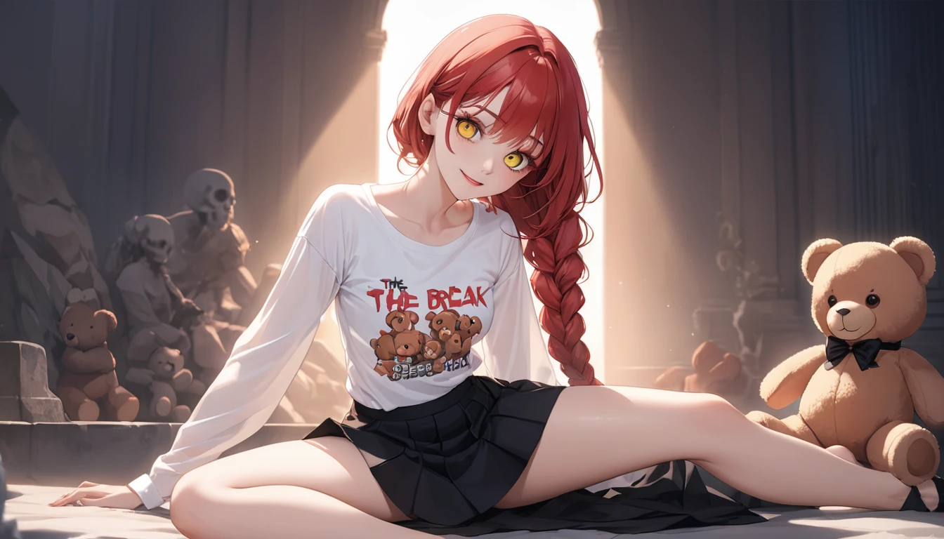 hand, hand, long hair, รอยsmile, smooth, small breasts, (yellow eyes:1.2), braid, red hair, braided ponytail, big eyes,นั่วHug a teddy bear,sexy,full body,Sitting position,Hug a teddy bear,smile,flirt,grave background,ผี
Take a break shirt, long sleeve, white shirt, dress shirt, skirt, black skirt, It's official., suit, black nightie, lady,
Take a break (Masterpiece:1.2), best quality, high resolution, Harmony wallpaper 8K, (illustration:0.8), (Beautifully detailed eyes:1.6), Very detailed face, perfect lighting, The CG is very detailed., (handที่สมบูรณ์แบบ, perfect anatomy),