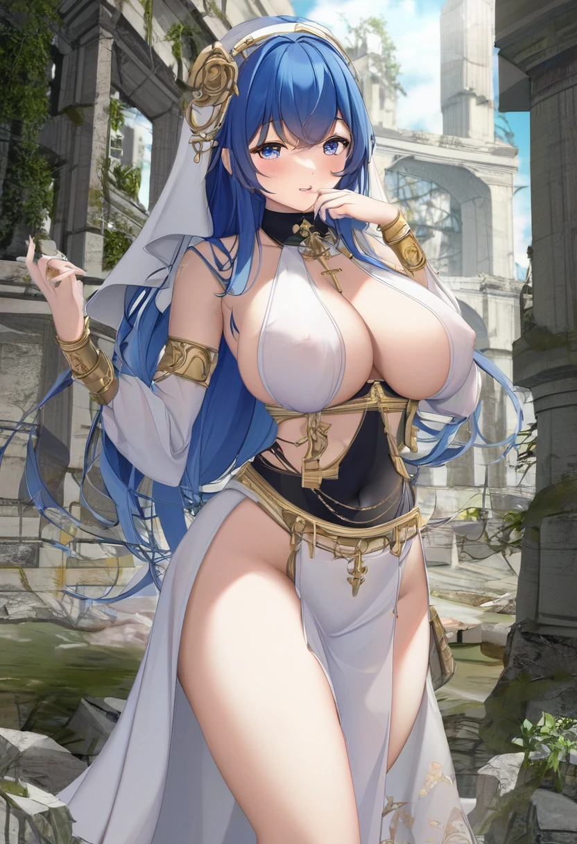Blue Hair、long hair、Nuns、Sister clothes、Highest quality、4K、Beautiful light source、City of night、ruins