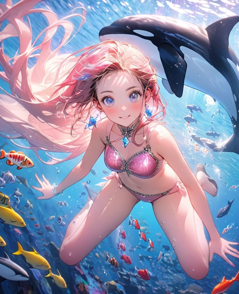 8K,gal,an extremely delicate and beautiful,Beautiful and realistic skin,Shiny jewel-like earrings,Shine like glitter long hair,beautiful eyes,Shine like glitter pink bikini,diving,beautiful sea,colorful fish,killer whale,glitter background,full body
