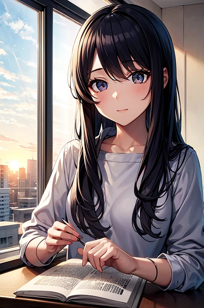 As the sun sets in the window、Beautiful woman studying、 anime, Living in a building.  