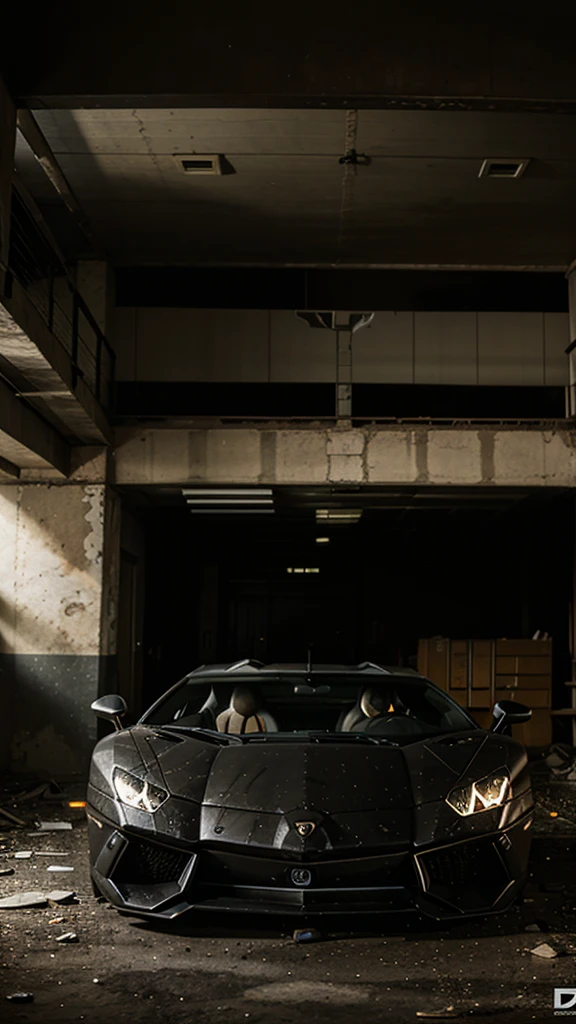 An old abandoned lamborghini aventador in a dark place