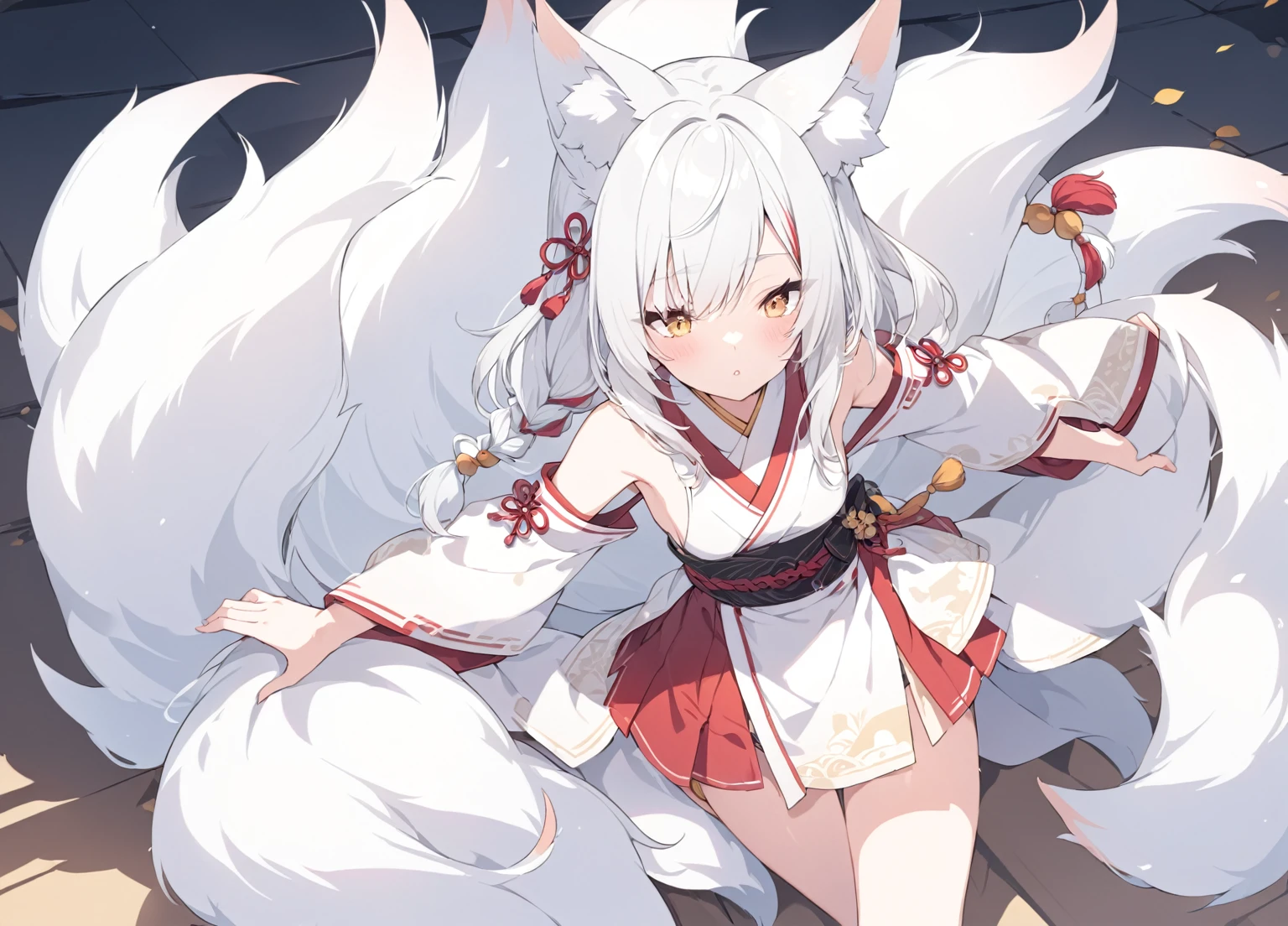 A white-haired kitsune wearing a short kimono.