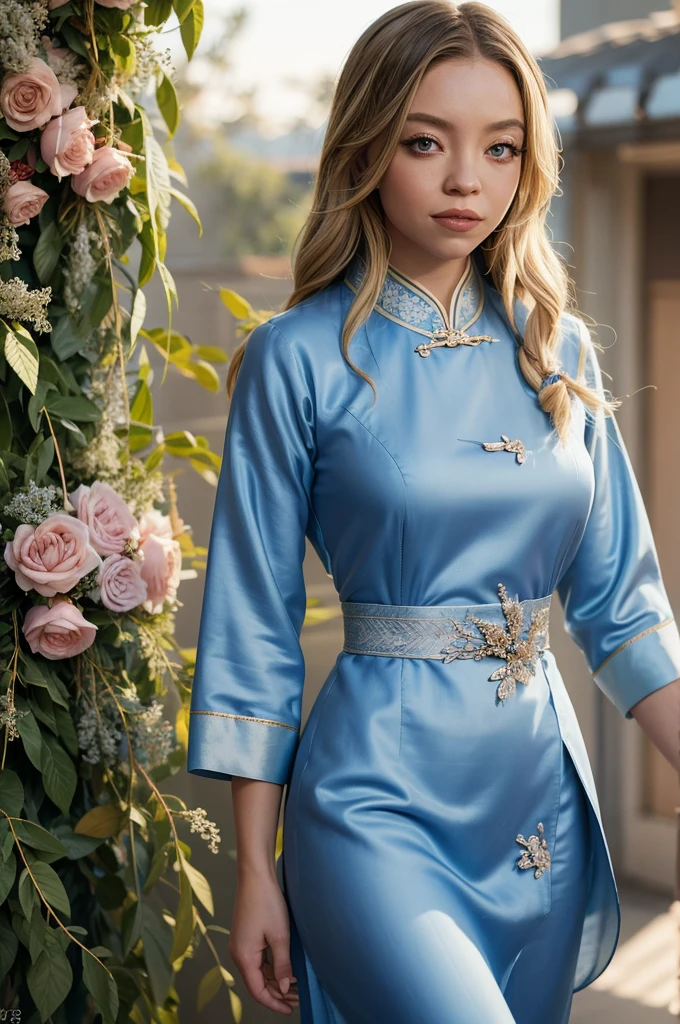 (photograph of Sydney, in silk aodai),seductive , photorealistic, sydney sweeney