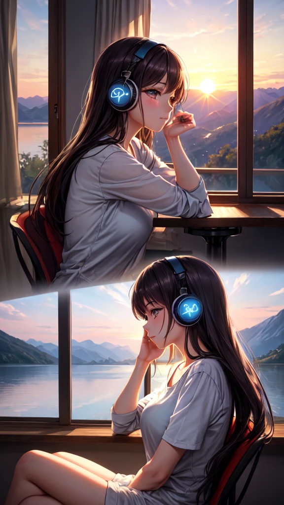 ((highest quality)), ((masterpiece)), (detailed), Perfect Face, Anime style beautiful girl thumbnail
, Sitting by the window, I am looking at the large sunset over the mountains and the lake resort scenery., An emotional woman in profile relaxing and soothing while listening to music through headphones,
