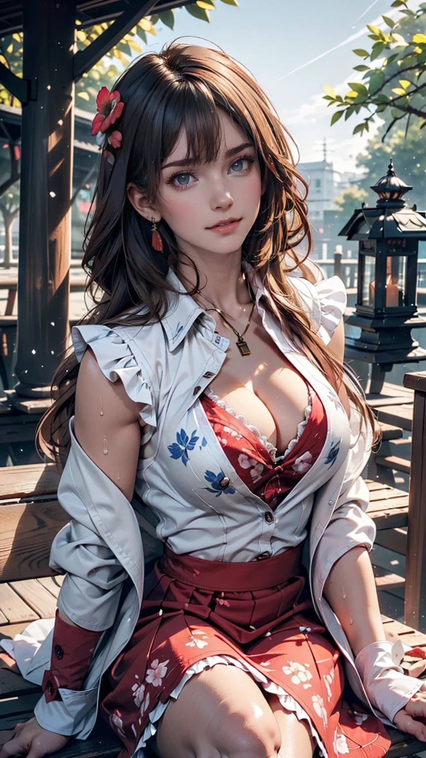 ((((masterpiece, Highest quality, High resolution)))), Extremely detailed 8K, スリムな体を持つsexyな美しい10代の新入社員, (Ultra HD, Very detailed, Very detailed, Very realistic, Ultra-realistic, Photo Real), (One girl:1.5), Blonde, Like a short bob cut, (Dynamic pose), To the camera, A light smile, (Huge breasts: 1.2), (Beautifully detailed face, Beautiful attention to detail), (White sleeveless frilly long coat, A flashy long-sleeved white frilled shirt,The chest buttons are not fastened,The shirt was wide open,Thin material,Grey frilled long skirt, Red emblem printed:1.5), (Pink nipples visible through shirt:1.2), Shine, Sweat, (Light of the sun, sunlight),sexyな長い脚, naked,Exposed breasts,sexy, blush,Looking up at the sky, Ultra-realisticな広大な風景, photogenic scenery,Sitting on a bench Outdoor Flower Park, Windy Day,Hair blowing in the wind