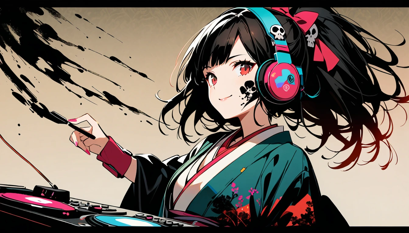 (((Ink Painting))), (((1 girl))), (((Skull tattoo on face))), (((Gorgeous hair accessories))), Japanese style headphones, (((dj))), Japanese Beauty, Black Hair, smile