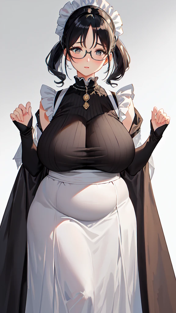 {{masterpiece}},high quality, 4K, 2D,depth of field, 1 girl,{simple gray background},(45 year old woman,mature female:1.2),milf,standing,(sagging breasts:0.8),(gigantic breasts:1.4),maid,front face,{{tareme}},ponytail, black hair, {from right in front of face and body},View viewers from front,{front facing shot},Wear glasses,(serious:0.1),(plump:1.2),(impossible clothes:1.5)