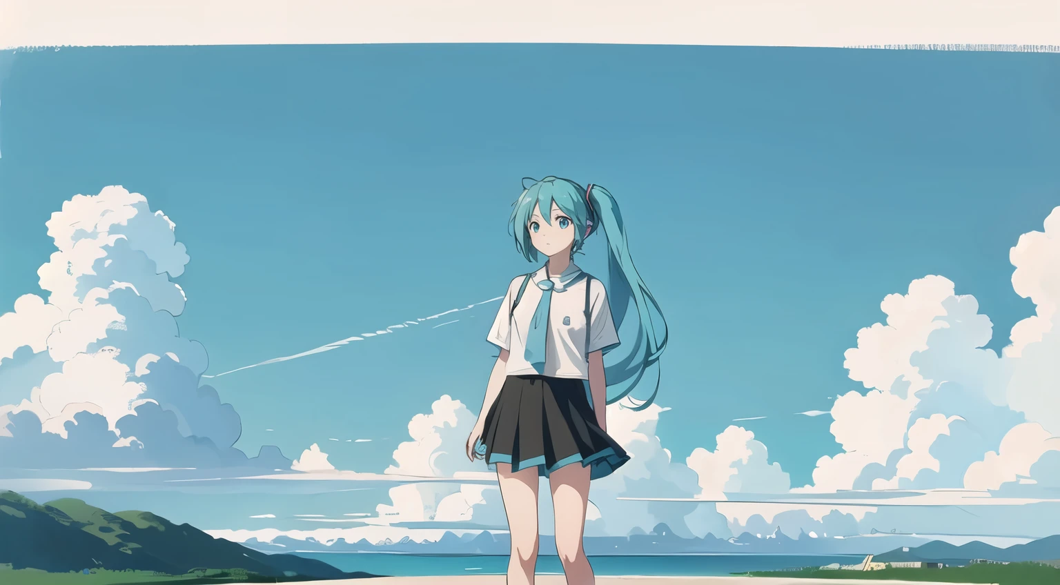 masterpiece, Highest quality, Super detailed, Standing under the vast blue sky, Hatsune Miku, Casual and natural summer outfit, Minimalist composition