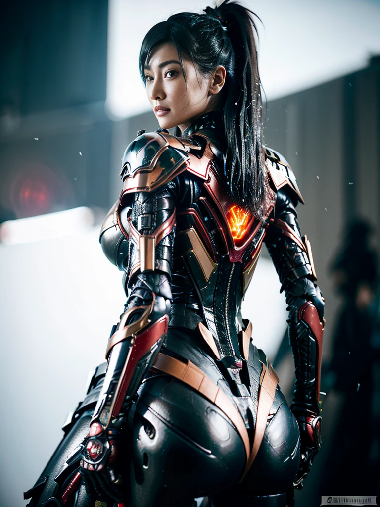 masterpiece, Highest quality,Photo Real, Fine eyes and lips,Detailed Iris,Realistically drawn skin,(future:1.1), ((Red cyberpunk suit),Full metal body,Mirror-like reflection,Super Large Shoulder Armor,V-neck),((Metallic Glow,neon:1.3,Reflective plate)),Super Detail,Professional Lighting, Photon Mapping,Trippy colored light:1.5,(素晴らしいfuture), Ultra-detailed, Great composition,Depth of written boundary, (Highly detailed CG,unity 8k wallpaper), (Beautiful detailed background),Japanese Ido,Japanese actress, Beautiful hair details,Long black hair,Straight Hair,Dramatic Light,Mecha,Highest quality,Ultra-high resolution,Photorealistic:1.5,Huge boobs:1.8,超Huge boobs:1.8,Cleavage,((Dynamic Angle)),(A kind smile),(((Dynamic Pose,Run in a forward-leaning position,Combat pose,Shot from behind the image,looked back))),((Random posture)),(((thunder,Space Battleship,Wilderness of Fire,Very strong winds,In the Storm,Very heavy rain,強風になびくLong black hair,Straight Hair))),Wet,With weapons,Alone