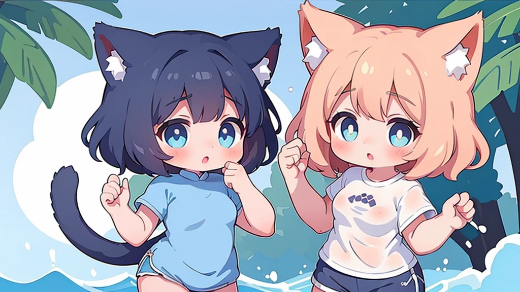 (Masterpiece,Highest quality),(Maximum details), 2 girls,(Girl1 ,short hair,มีcat ears,small breasts,Age 9-10 years,Wet,t-shirt,shorts),(Girl 2,long hair,cat ears,blue cheongsam,Carrying a cat)
