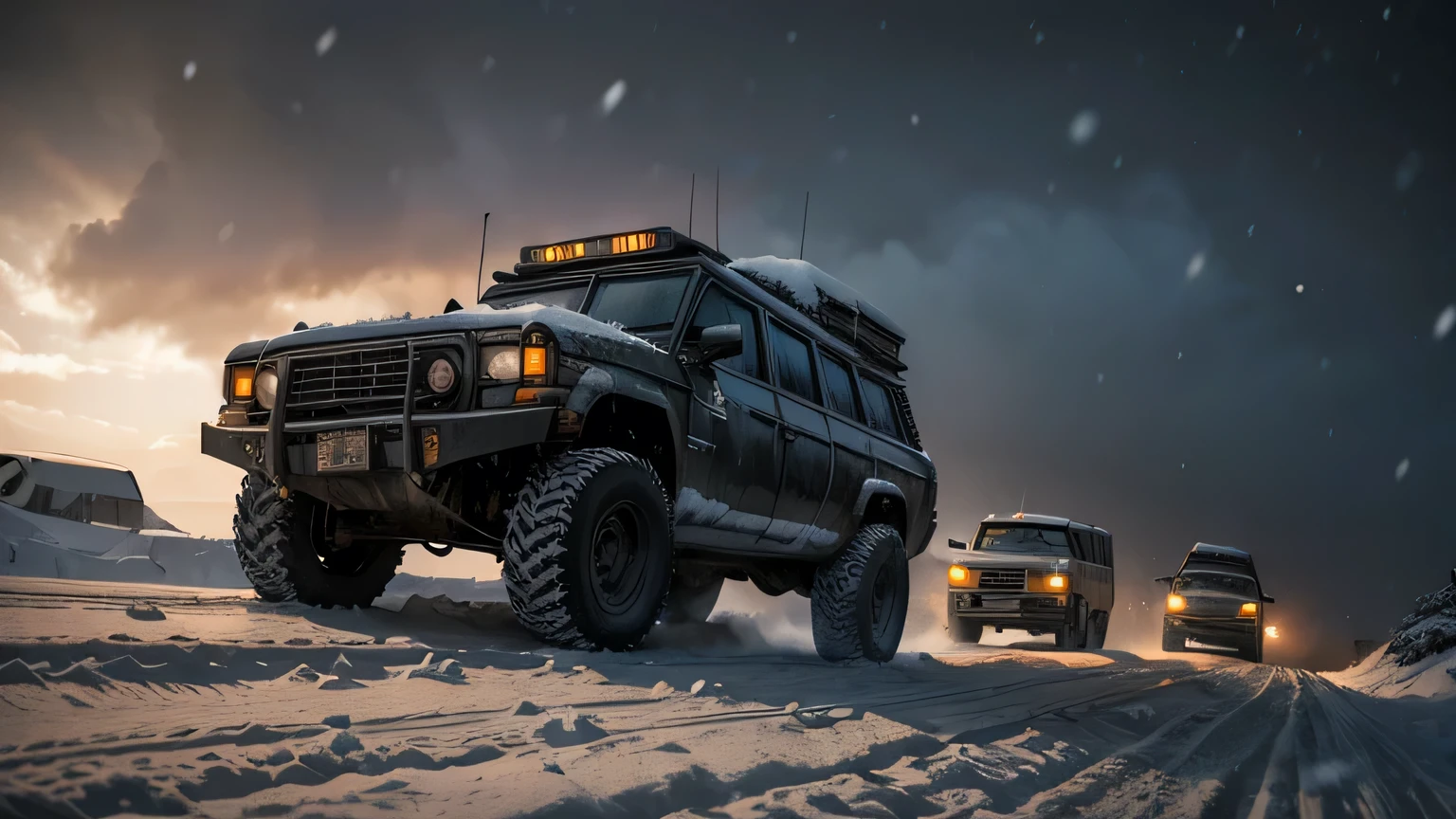 Dramatic lighting, chiaroscuro, view from ground level, snowing heavily, large convoy of crappy old 'Mad Max' style vehicles speeding across a desolate winter landscape, armed with roof-mounted weapons, tracked APC, armoured school bus, overcast sky, snowing