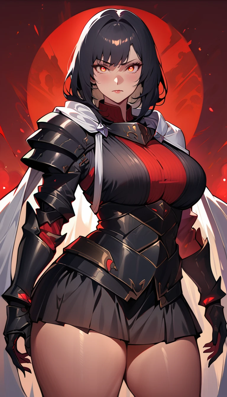 (high quality, 8k, 4K, high contrast, artwork:1.2, high quality, best aesthetics), (centered), ((1 woman)), erotic, sensual, mature body, super detailed, beautiful face detailed, beautiful eyes detailed, detailed beautiful mouth, perfect breats, perfect wide thighs, (black hair), (short black hair), (messy black hair), (red eyes glowing), (smudged eyeliner), (serious expression), (black medieval armor), (shoulder pads), (long white cape), (ruffled black skirt), (standing), (looking at the viewer), (piercing gaze), (red sun in the background), (red lighting)