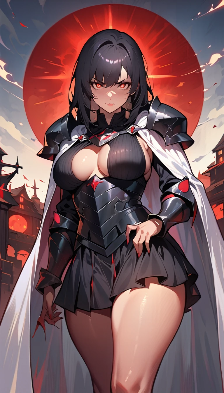 (high quality, 8k, 4K, high contrast, artwork:1.2, high quality, best aesthetics), (centered), ((1 woman)), erotic, sensual, mature body, super detailed, beautiful face detailed, beautiful eyes detailed, detailed beautiful mouth, perfect breats, perfect wide thighs, (black hair), (short black hair), (messy black hair), (red eyes glowing), (smudged eyeliner), (serious expression), (black medieval armor), (shoulder pads), (long white cape), (ruffled black skirt), (standing), (looking at the viewer), (piercing gaze), (red sun in the background), (red lighting)