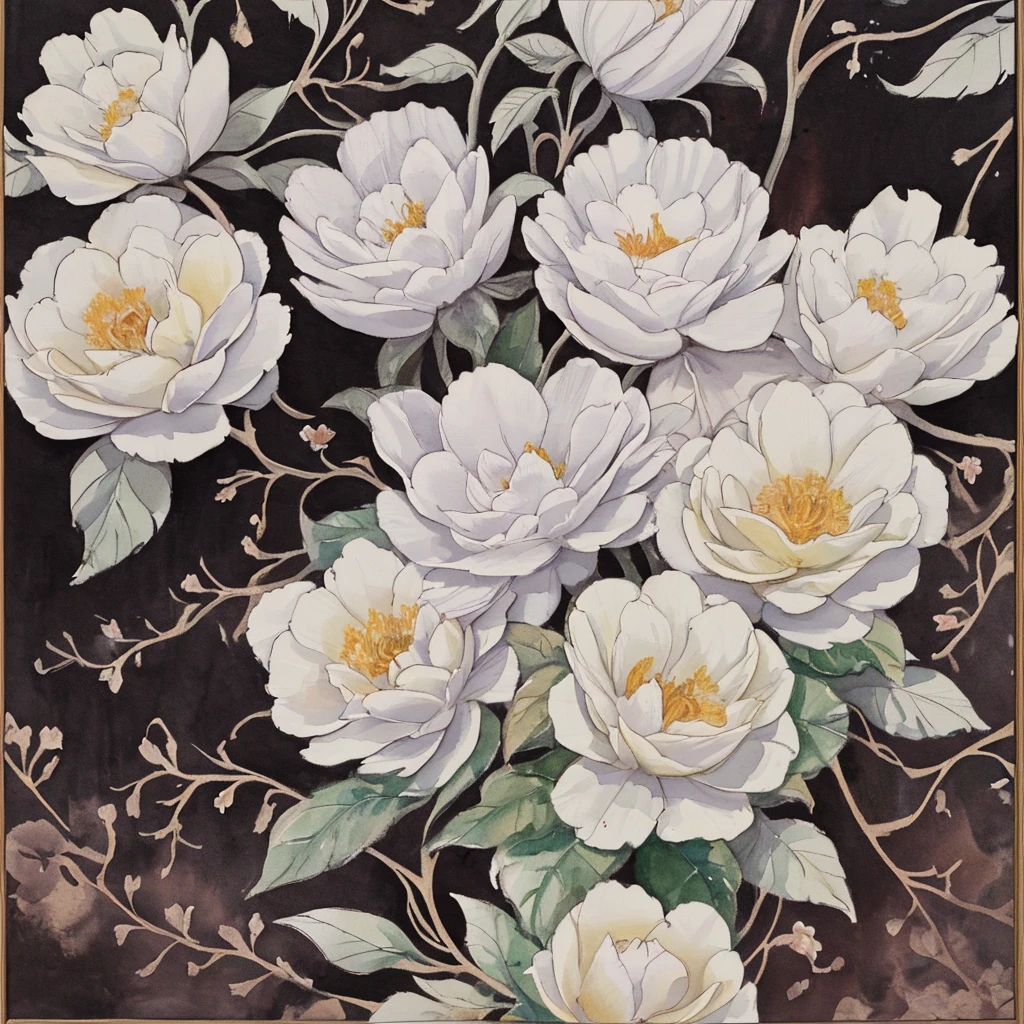 The background is white, flowers are drawn on the sides, on two corners left and right, in the style of watercolor drawing, painted over black pen, art painting, high detail, delicate paints.