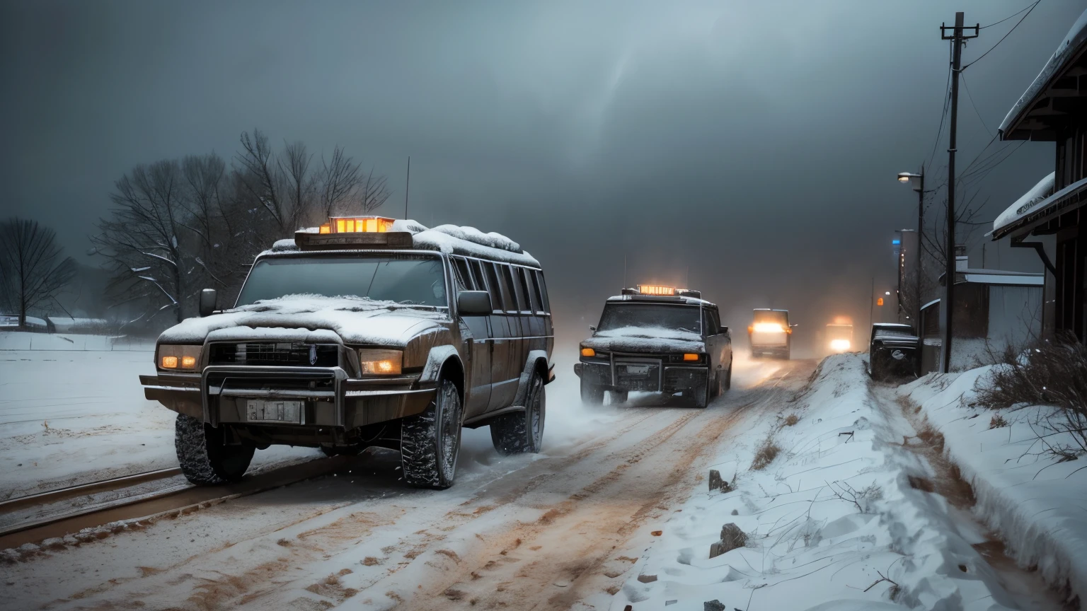 Dramatic lighting, chiaroscuro, view from ground level, snowing heavily, large convoy of crappy old 'Mad Max' style vehicles speeding across a desolate winter landscape, armed with roof-mounted weapons, tracked APC, armoured school bus, overcast sky, snowing