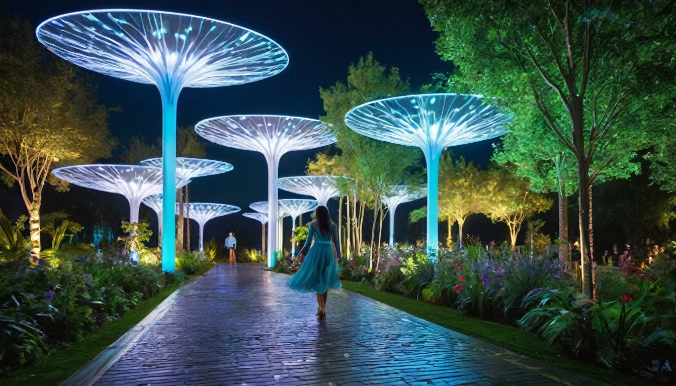 On a neon-lit night, an elegant woman walks through a futuristic garden. The environment around you is a fusion of lush nature and advanced technology. Bioluminescent trees emit a soft bluish light, while mechanized flowers open and close their petals to the rhythm of subtle electronic music. Glass paths with embedded fiber optics shine beneath your feet, guiding your path. in the sky, silent drones patrol, emitting soft rays of light that complement the artificial stars. Ao fundo, innovative architectural structures rise, mixing organic and metallic materials. The woman, dressed in an elegant outfit that combines traditional fabrics and high-tech elements, enjoy the serenity of this urban oasis, immersed in the harmony between nature and technology.