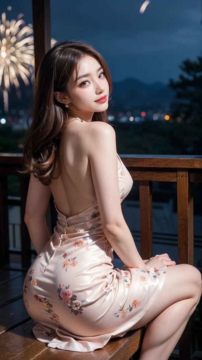 (On the veranda of a traditional Japanese house), masterpiece, light makeup, red lips, beautiful hair, (Medium hair:1.3), elegant, Very fine details, masterworks, authentic texture, cinematic lighting realism, perfect work, 16k, high resolution, exquisite features, brown eyes, (Ultra-high resolution eye:1.1), Japanese idol, beautiful face, (gentle smile like a goddess), attractive, well-shaped breasts, beautiful cleavage, shiny skin, ((Nude side slit floral dress:1.3)), break, bright big eyes, smooth skin, earrings, necklace, standing position, (ground level shot:1.2), (sitting on the veranda corridor), ((A beautiful girl watching multiple fireworks twinkling in the night sky from the veranda)), ((A collaboration of large fireworks and smaller fireworks that light up the surrounding area)),(((A back view of someone watching fireworks. The eyes are not on the camera but on the fireworks outside.))),((Looking up and Look away))