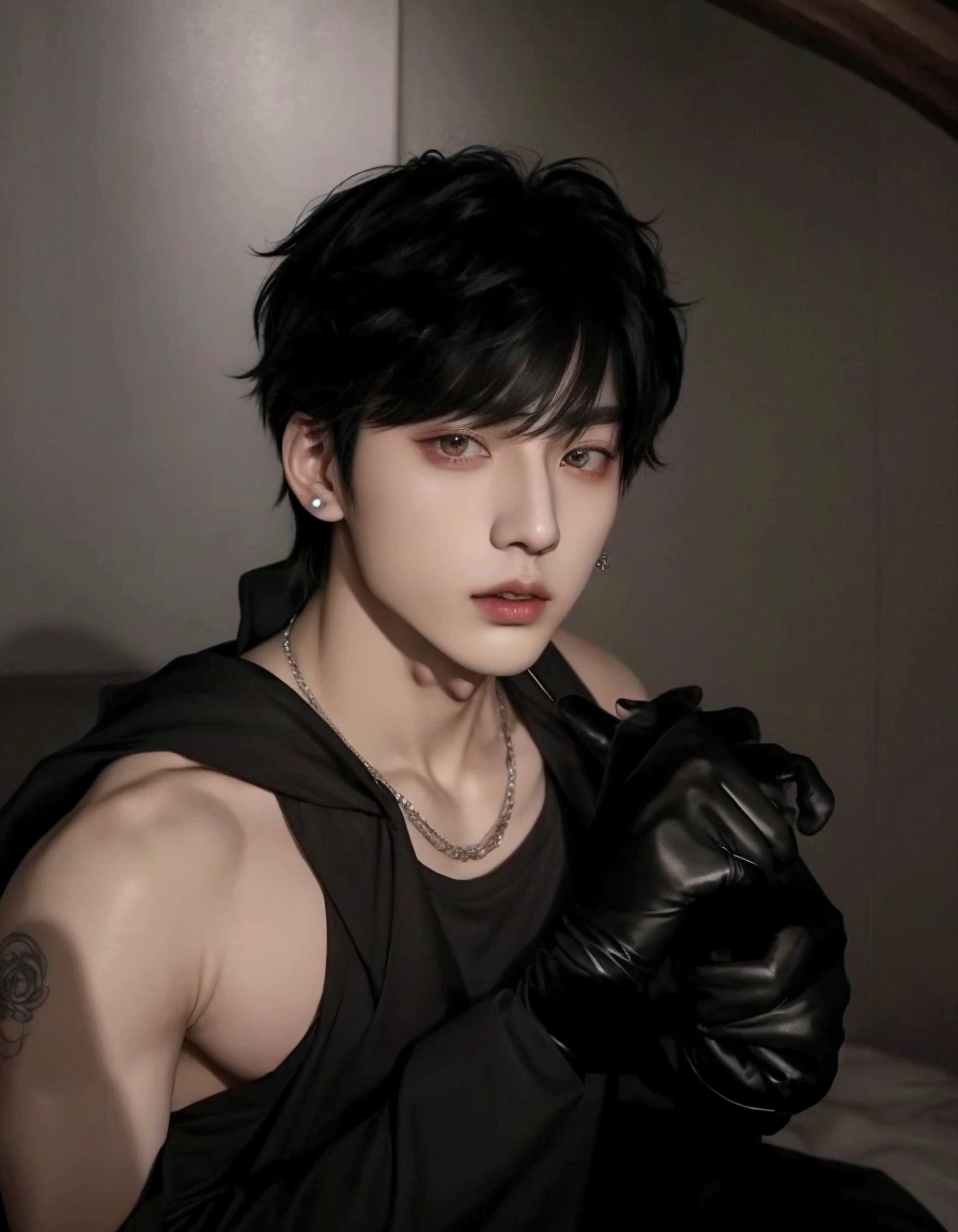 a close up of a person wearing a black shirt and gloves, cai xukun, male ulzzang, beautiful androgynous prince, jungkook, handsome japanese demon boy, delicate androgynous prince, jinyoung shin, androgynous male, hyung tae, taejune kim, androgynous person, inspired by jeonseok lee, androgynous