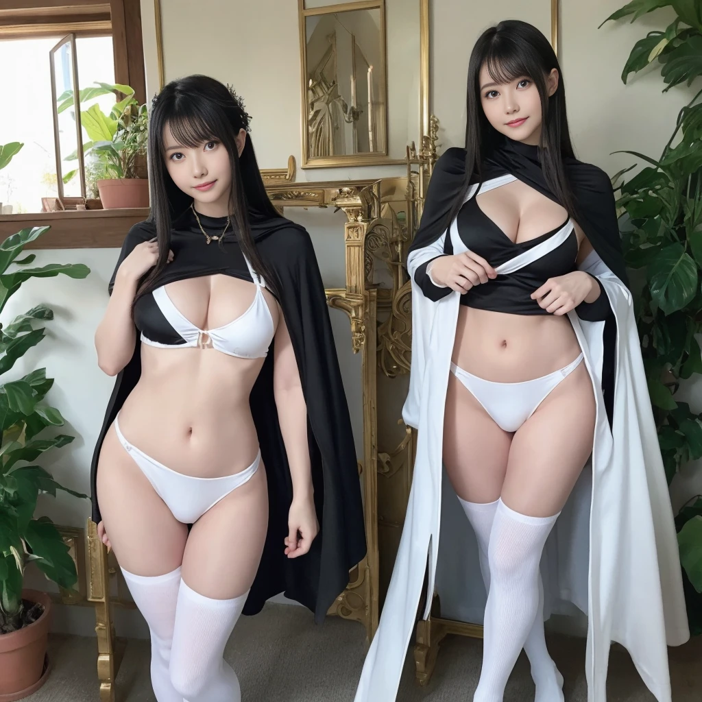 (Beautiful female knight and princess、Bikini Armor、Cape、belly button、is、Black Hair、Big Ass、Iron armor、White string panties、bottomless、Black knee-high socks、Inside the palace、Circlet)、Extremely sexy、Glamorous Body、Smile、Professional Lighting、Beautiful adult woman、Captivating thighs、Very large breasts、Cleavage、Are standing、