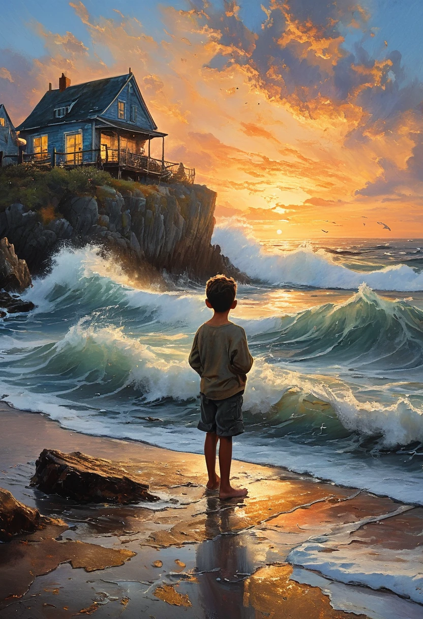 a painting of a coastal village where the waves themselves tell the stories of the past. The ocean is alive with swirling images of legendary sea creatures, shipwrecks, and heroic sailors. A young boy stands at the edge of the shore, his eyes wide with wonder as he listens to the crashing waves. The sky is painted in shades of twilight, with the last rays of the setting sun casting a golden glow over the scene, evoking a sense of nostalgia and adventure.

