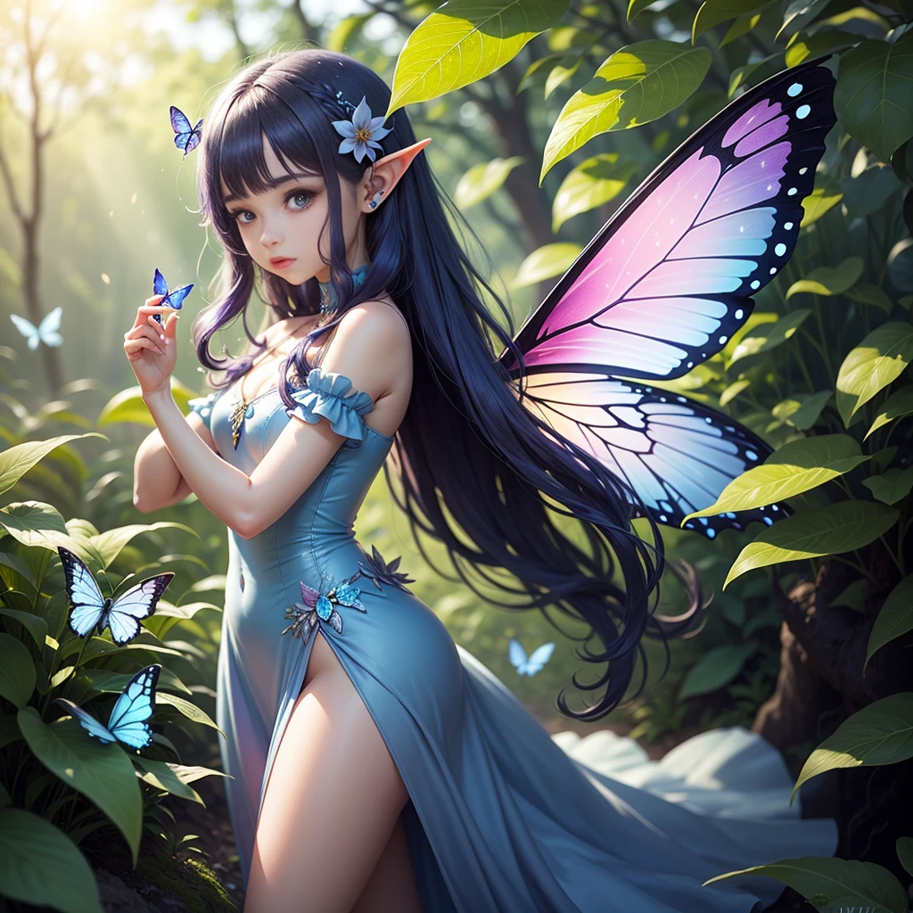 Cute little fairy, long hair, blue-purple sparkling hair, sparkling, pointed ears, sunlight, dress made of leaves, transparent wings, beautiful blue butterfly, big flower, leaves