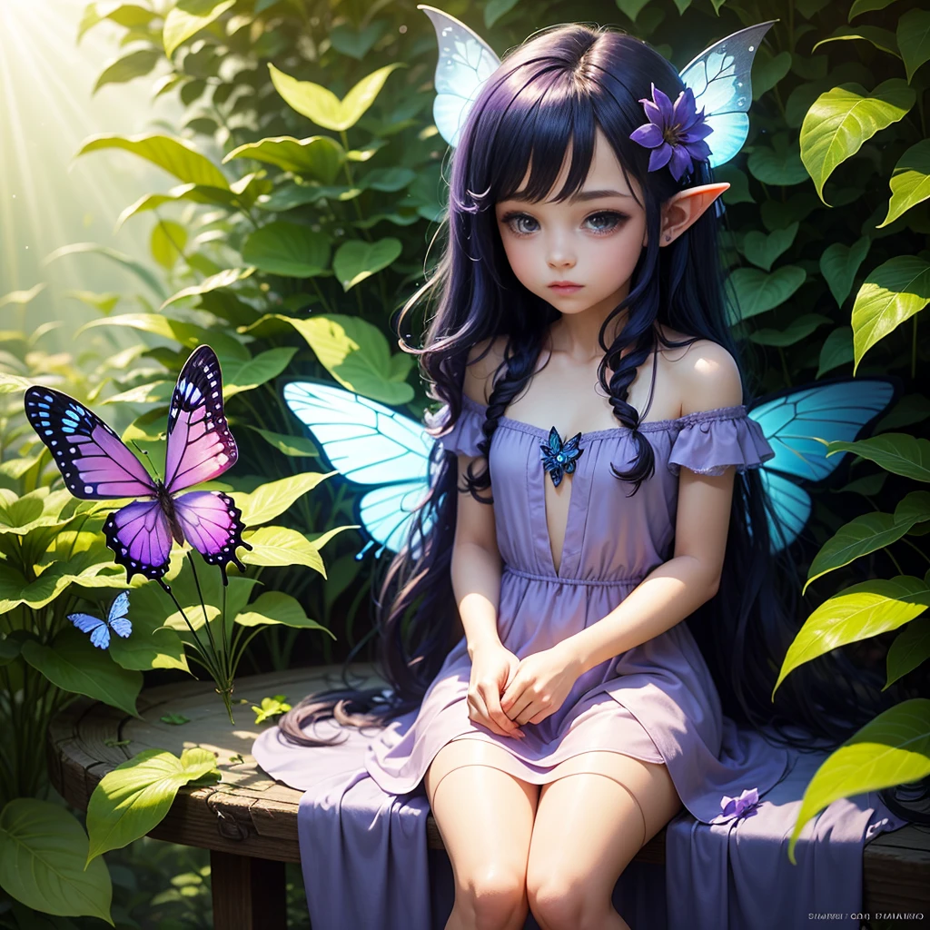Cute little fairy, long hair, blue-purple sparkling hair, sparkling, pointed ears, sunlight, dress made of leaves, transparent wings, beautiful blue butterfly, big flower, leaves