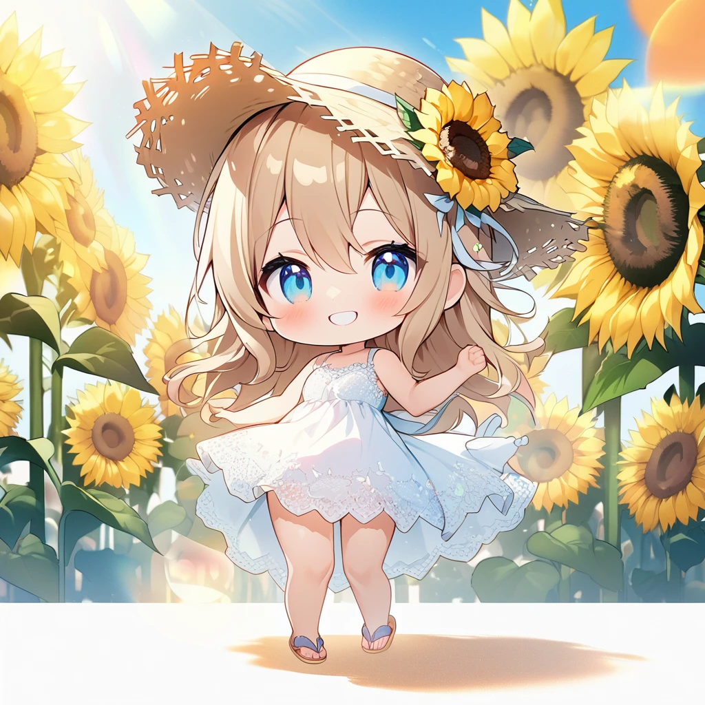 masterpiece, best quality, 4k、2D illustration, one beautiful girl, solo、(((chibi style)))、((vivid colors))、cute chibi, lovely chibi、((colorful))、cute pose, ((long beautiful hair)), glossy light brown hair, hair between eyes, cute, beautifully detailed eyes、((lacy white summer dress))、((straw hat))、((hibiscus hair ornament)), flip-flops, ((happy smile))、((full body shot))、((sunflower field))、((gentle breeze))、((blue sky))、sunbeam, white light, ((lens flare)), ((high color saturation)),