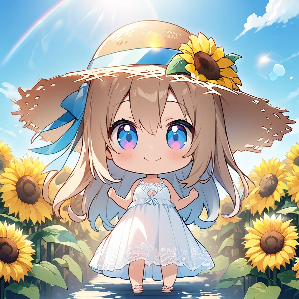 masterpiece, best quality, 4k、2D illustration, one beautiful girl, solo、(((chibi style)))、((vivid colors))、cute chibi, lovely chibi、((colorful))、cute pose, ((long beautiful hair)), glossy light brown hair, hair between eyes, cute, beautifully detailed eyes、((lacy white summer dress))、((straw hat))、((hibiscus hair ornament)), flip-flops, ((happy smile))、((full body shot))、((sunflower field))、((gentle breeze))、((blue sky))、sunbeam, white light, ((lens flare)), ((high color saturation)),