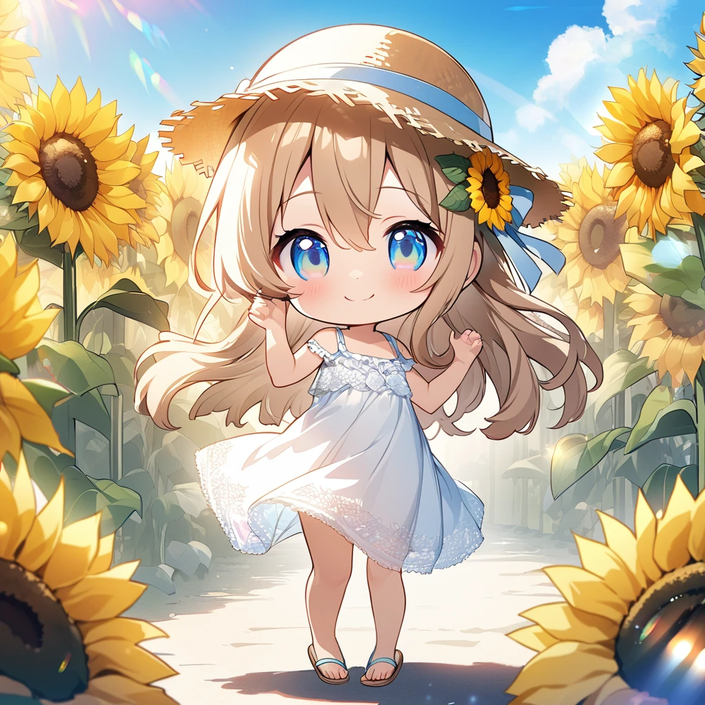 masterpiece, best quality, 4k、2D illustration, one beautiful girl, solo、(((chibi style)))、((vivid colors))、cute chibi, lovely chibi、((colorful))、cute pose, ((long beautiful hair)), glossy light brown hair, hair between eyes, cute, beautifully detailed eyes、((lacy white summer dress))、((straw hat))、((hibiscus hair ornament)), flip-flops, ((happy smile))、((full body shot))、((sunflower field))、((gentle breeze))、((blue sky))、sunbeam, white light, ((lens flare)), ((high color saturation)),