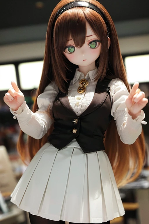 (SFW:2), photorealistic, realistic photo, 8k, ((highest quality)), ((masterpiece)), (extremely detailed), kukolnydom, doll, (mature woman, 21yo, 21 years old, solo:1.6), ((cowboy shot, dynamic pose, slim, slender, skinny, medium breasts, hairband, ascot, vest, shirt, puffy sleeves, pleated skirt, black pantyhose)), (green eyes, brown hair, long hair, plastic skin, looking at another, glass eyes, gradient eyes, shining eyes, detailed eyes:1.3)