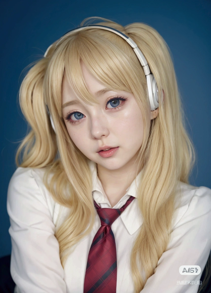 blond haired girl with headphones and a tie posing for a picture, portrait of kim petras, a hyperrealistic , hyperrealistic , anime girl in real life, hyper realistic anime, belle delphine, anime inspired, anime girl cosplay, ahegao face, misa amane *, junko enoshima from danganronpa, anime realism style