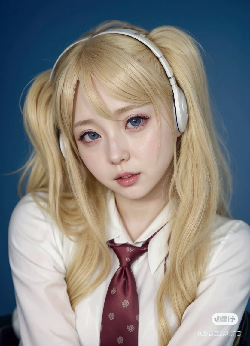 blond haired girl with headphones and a tie posing for a picture, portrait of kim petras, a hyperrealistic , hyperrealistic , anime girl in real life, hyper realistic anime, belle delphine, anime inspired, anime girl cosplay, ahegao face, misa amane *, junko enoshima from danganronpa, anime realism style