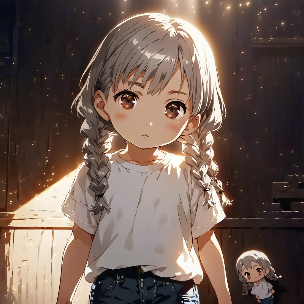 (Cute a girl:1.5), (a chibi girl with silver middle hair, wavy two braids, brown eyes, white T-shirt.jeans pants:1.4), anime visual, (tilt head:1.3), realistic lighting and shading, (an extremely delicate and beautiful art:1.3),cowboy shot,