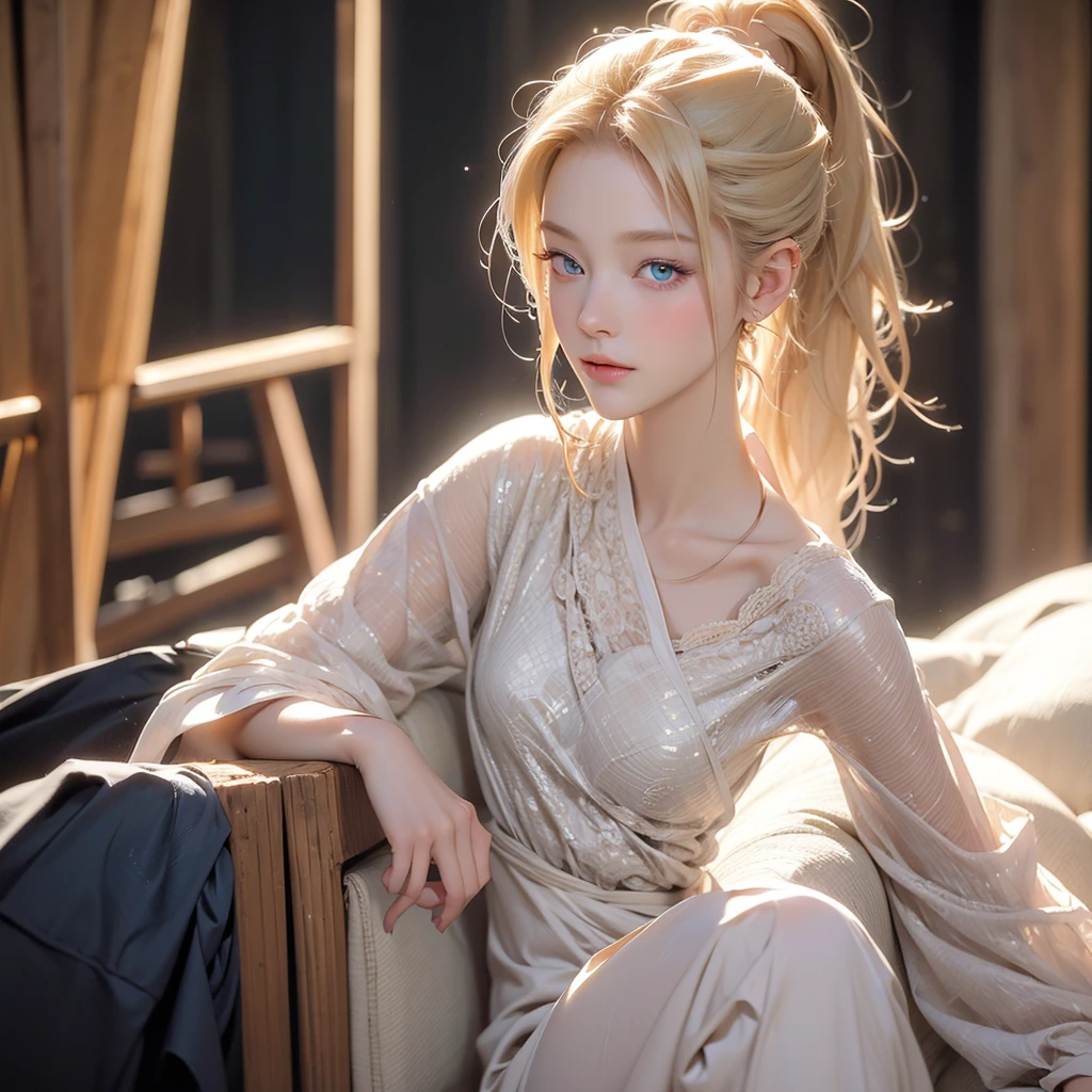 (best quality: 1.4), high resolution, masterpiece, 4K, Extremely detailed, very beautiful girl masterpiece, Sexy blonde, Long hair, Ponytail, blue eyes, Expressive eyes, Delicate skin, realistic skin texture, texture, Delicate eyes, Beautiful woman, Cloves are good, Lilace lace,