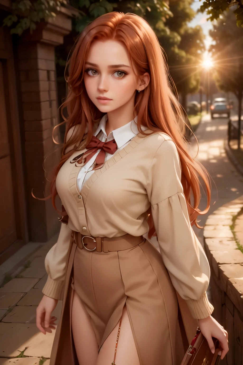 a beautiful girl with fiery red hair, piercing golden eyes, gorgeous detailed face, long eyelashes, portrait, detailed facial features, realistic, photorealistic, 8k, best quality, masterpiece, extremely detailed, high quality, fantasy, anime, magical girl,  tree, sky, outdoors, skirt, cloud, sunset, lens, flare, scenery