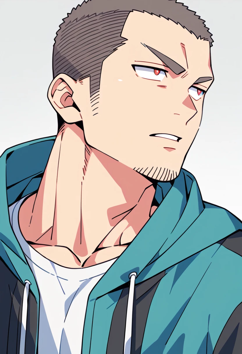 anime characters:Priapus, Muscle Sports Student, Buzz Cut, Manliness, male focus, Sports tight hooded sweatshirt, Very tight, full and perky chest muscles, muscular male, muscular, only, Upper body, alone, Red short hair, Thick eyebrows, stubble, Brown-red pupils, White background, simple background, amazing quality, best aesthetics, Ridiculous, crew cut, parted lips, v-shaped eyebrows, jitome, negative space, negative space, best quality