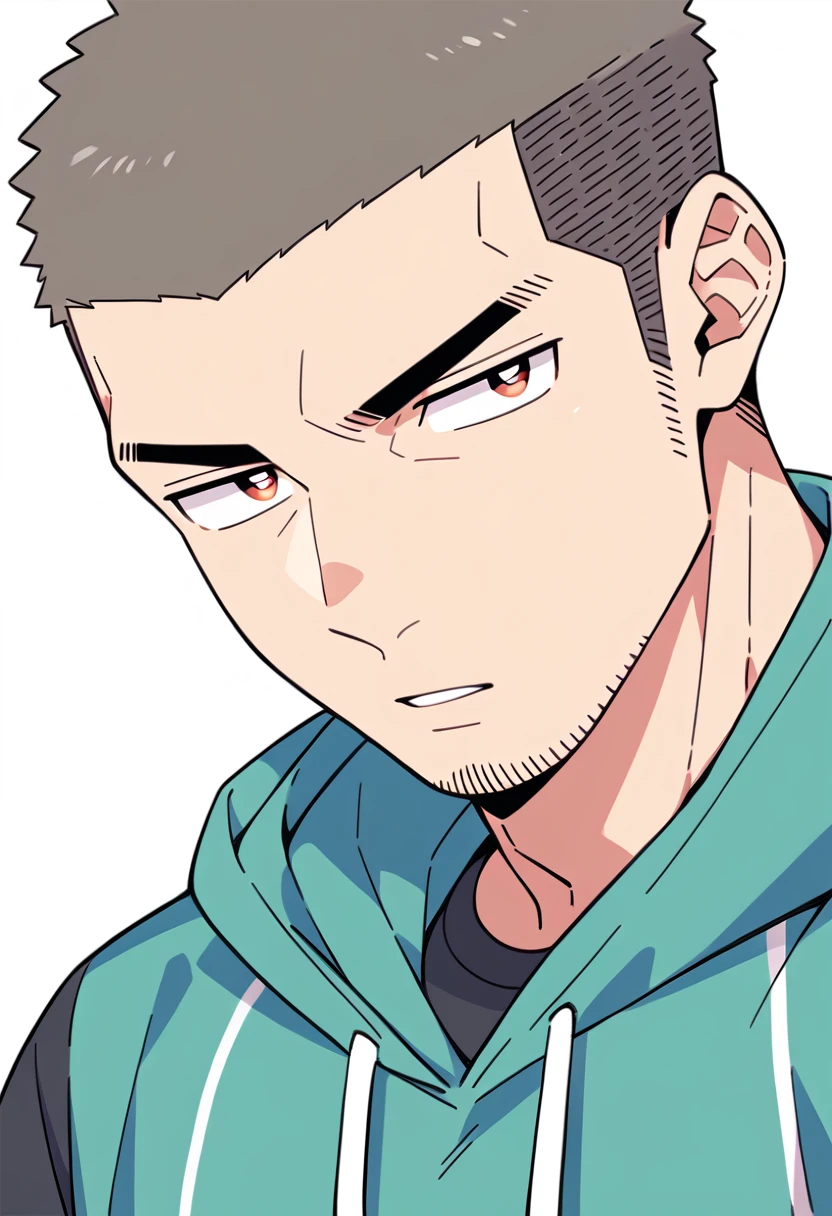 anime characters：Priapus, Muscle Sports Student, Buzz Cut, Manliness, male focus, Sports tight hooded sweatshirt, Very tight, full and perky chest muscles, muscular male, muscular, only, Upper body, alone, Red short hair, Thick eyebrows, stubble, Brown-red pupils, White background, simple background, amazing quality, best aesthetics, Ridiculous, crew cut, parted lips, v-shaped eyebrows, jitome, negative space, negative space, best quality