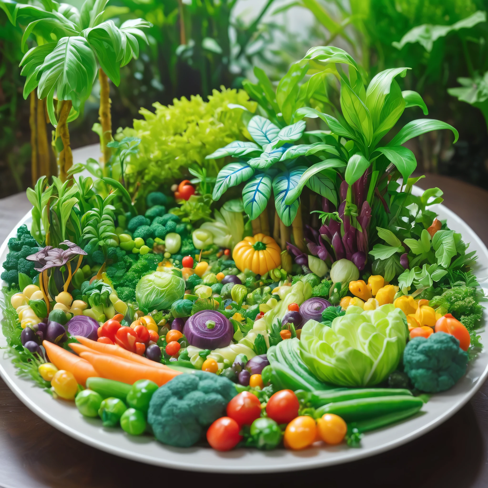 A jungle made of vegetables, On a plate, Colorful vegetables, Miniature Jungle, adventure, surprise, curiosity, On a plateの野菜のみを描く:1.2, Shallow depth of field, Cinematic lighting effects, (Highest quality, High Detail, masterpiece:1.2, Best aesthetics),