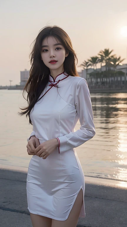 1 Girl,seaside,Soft Light,Chinese Beauty,Slit cheongsam,Dark-haired,long hair