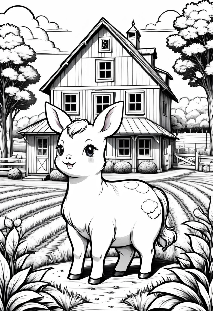 Kawaii coloring book illustration, Hand drawn, farm house, White background, lineart, without colors, without shadows