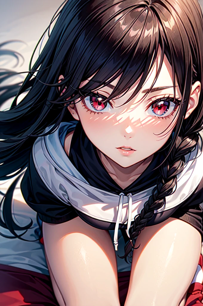 anime, detailed, smooth anime CG art, masterpiece, low quality, best quality, 1girl, disheveled hair, focus on face, simple background, long hair, socks, black hair, hair between eyes, calm, oversized hoodie, long bangs, tied hair, braided hair, dominant eyes, ribbons in hair, crimson red eyes, large breasts, breasts, perfect face, perfect legs, no pants, full lips, add_detail:-3