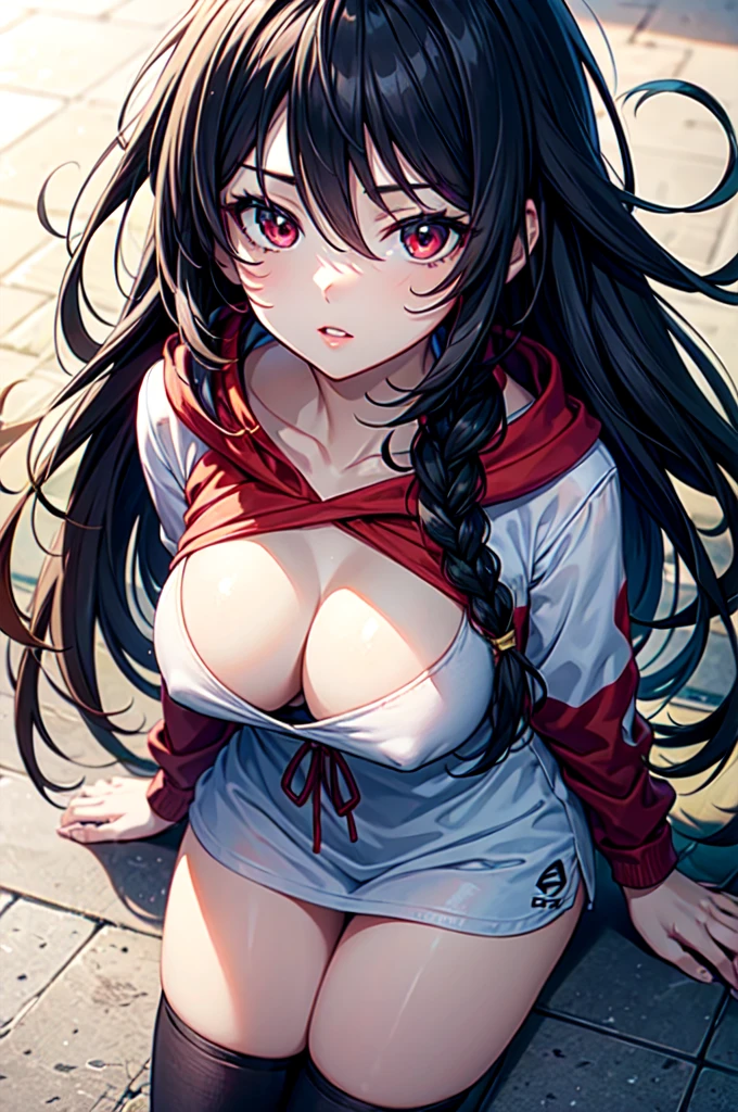 anime, detailed, smooth anime CG art, masterpiece, low quality, best quality, 1girl, disheveled hair, focus on face, simple background, long hair, socks, black hair, hair between eyes, calm, oversized hoodie, long bangs, tied hair, braided hair, dominant eyes, ribbons in hair, crimson red eyes, large breasts, breasts, perfect face, perfect legs, no pants, full lips, add_detail:-3