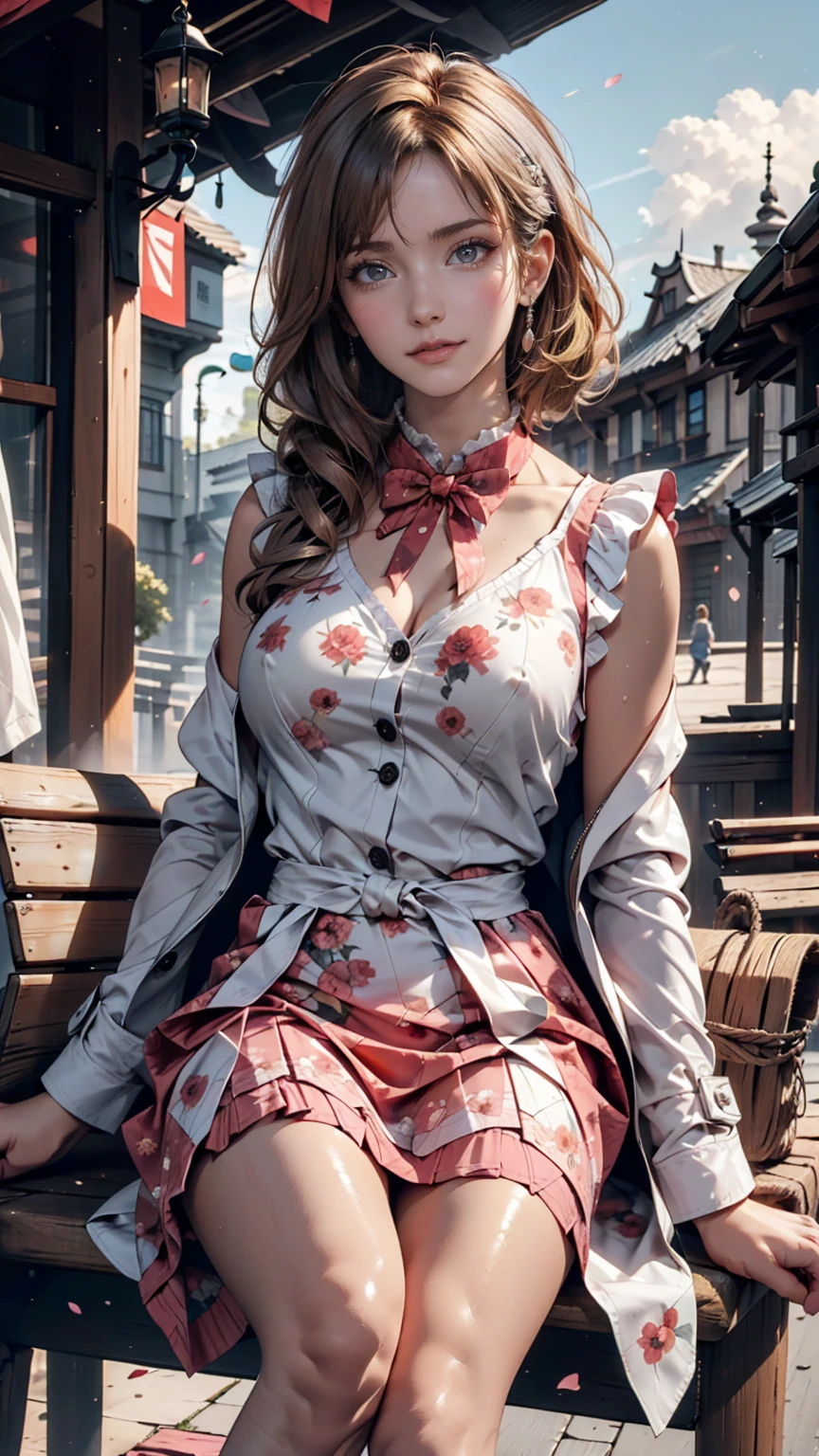 ((((masterpiece, Highest quality, High resolution)))), Extremely detailed 8K, スリムな体を持つsexyな美しい10代の新入社員, (Ultra HD, Very detailed, Very detailed, Very realistic, Ultra-realistic, Photo Real), (One girl:1.5), Blonde, Like a short bob cut, (Dynamic pose), To the camera, A light smile, (Huge breasts: 1.2), (Beautifully detailed face, Beautiful attention to detail), (White sleeveless frilly long coat, A flashy long-sleeved white frilled shirt,The chest buttons are not fastened,The shirt was wide open,Thin material,Grey frilled long skirt, Red emblem printed:1.5), (Pink nipples visible through shirt:1.2), Shine, Sweat, (Light of the sun, sunlight),sexyな長い脚, naked,Exposed breasts,sexy, blush,Looking up at the sky, Ultra-realisticな広大な風景, photogenic scenery,Sitting on a bench Outdoor Flower Park, Windy Day,Hair blowing in the wind