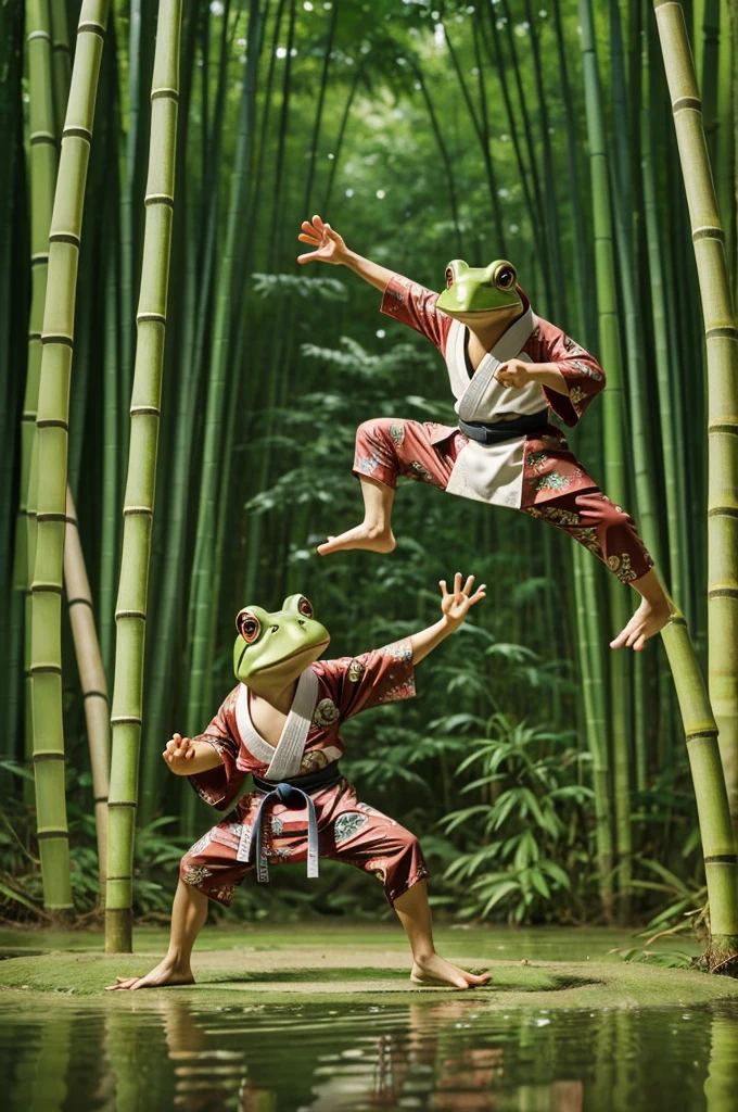 Set in a serene bamboo forest, where is the little one, but the determined frog stands in a karate fighting stance. The frog is dressed in a traditional Japanese kimono with intricate patterns and bright colors., that stand out against the backdrop of the lush green forest. 
The Artist Captures the Essence of Kiyekata Kaburagi&#39;s Style, paying attention to detail and focusing on atmosphere. The lighting in the scene is soft and atmospheric, casting dappled shadows on the bamboo leaves and creating a feeling of calm. 
The frog&#39;s facial expression is tense and concentrated, her eyes narrowed, when she gets ready to strike. Her tiny arms are raised in the exact karate pose, demonstrating the artist&#39;s skill in conveying movement and form. 
Generally, this scene is a whimsical and charming interpretation of nature, combining traditional Japanese elements with martial arts elements. The frog&#39;s unexpected valor and determination create a delightful and memorable image., which, undoubtedly, will conquer everyone.